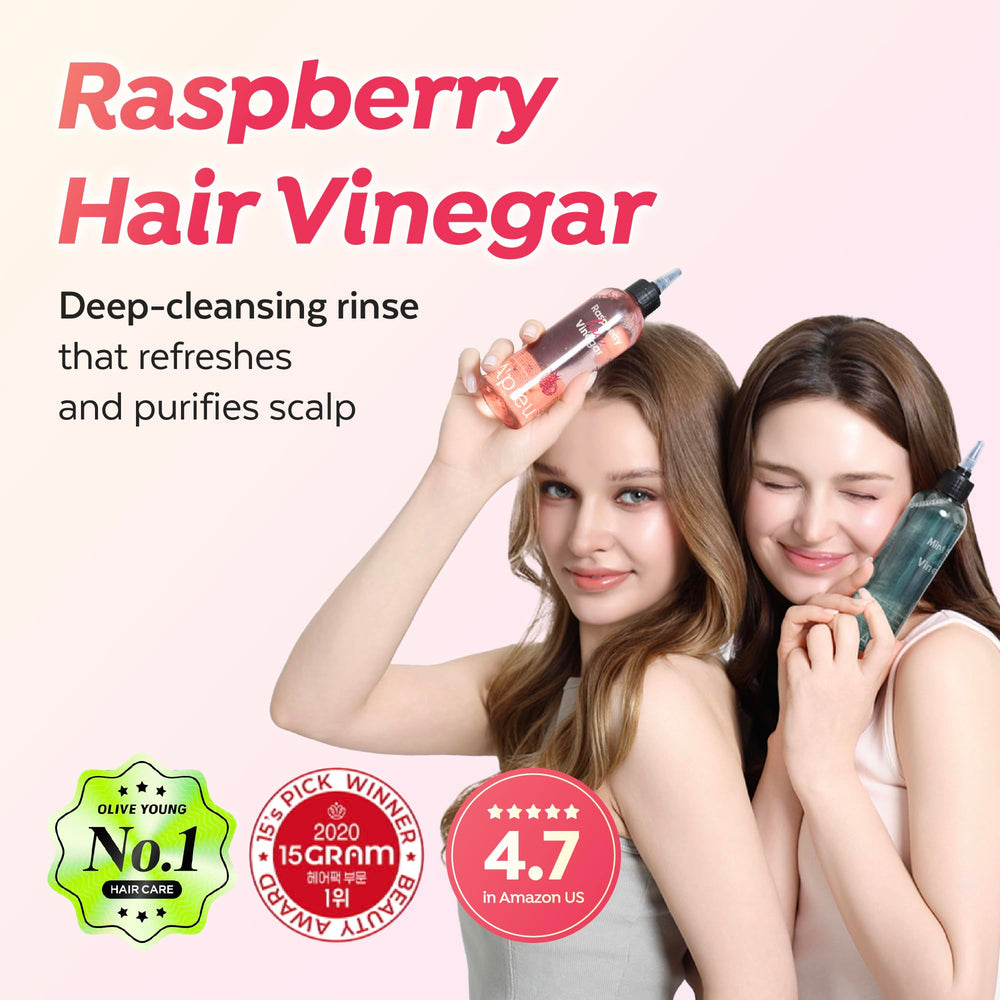 Pouring A'PIEU Raspberry Hair Vinegar rinse for easy post-shampoo application