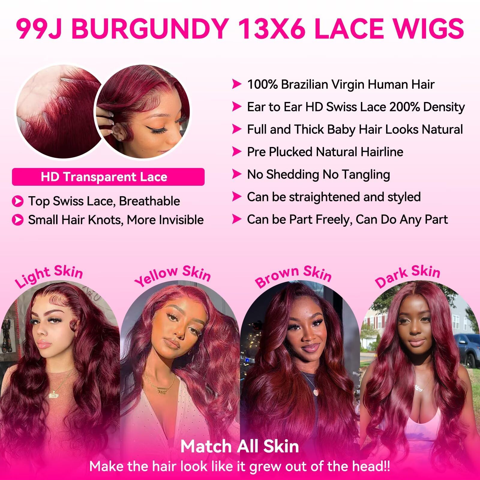 A8 Burgundy Wig 13x6 lace front offers wide parting for versatile styles