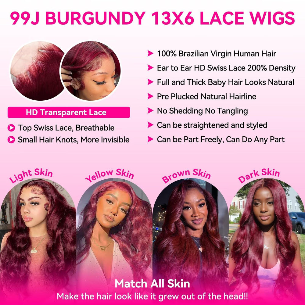 A8 Burgundy Wig 13x6 lace front offers wide parting for versatile styles