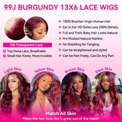 A8 Burgundy Wig 13x6 lace front offers wide parting for versatile styles