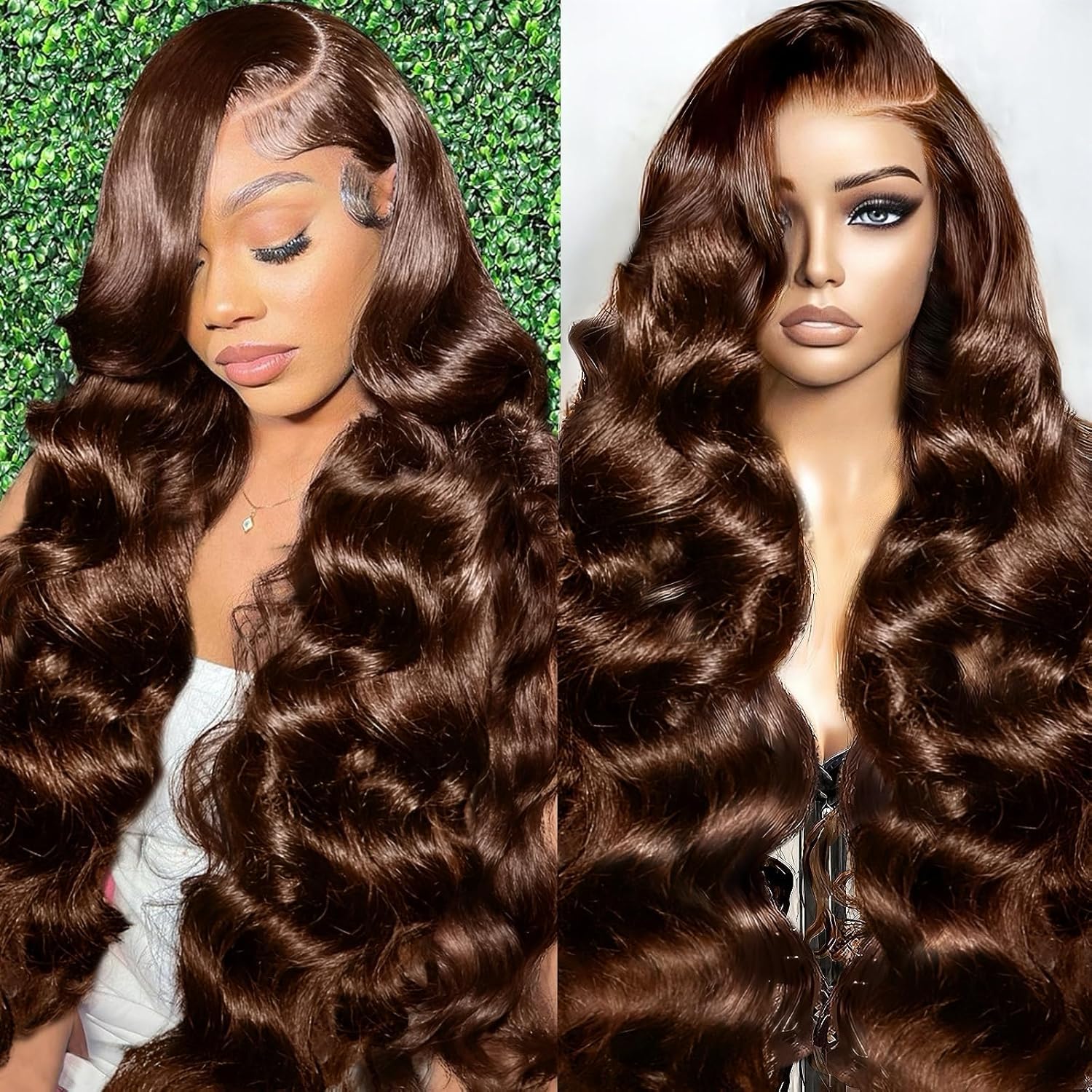 A8 chocolate brown human hair wig front view with natural volume for everyday wear.