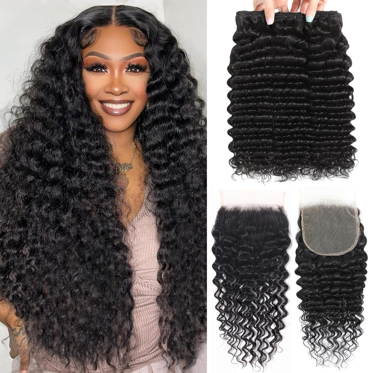 AARRXX deep wave bundles with closure for natural parting and seamless styling