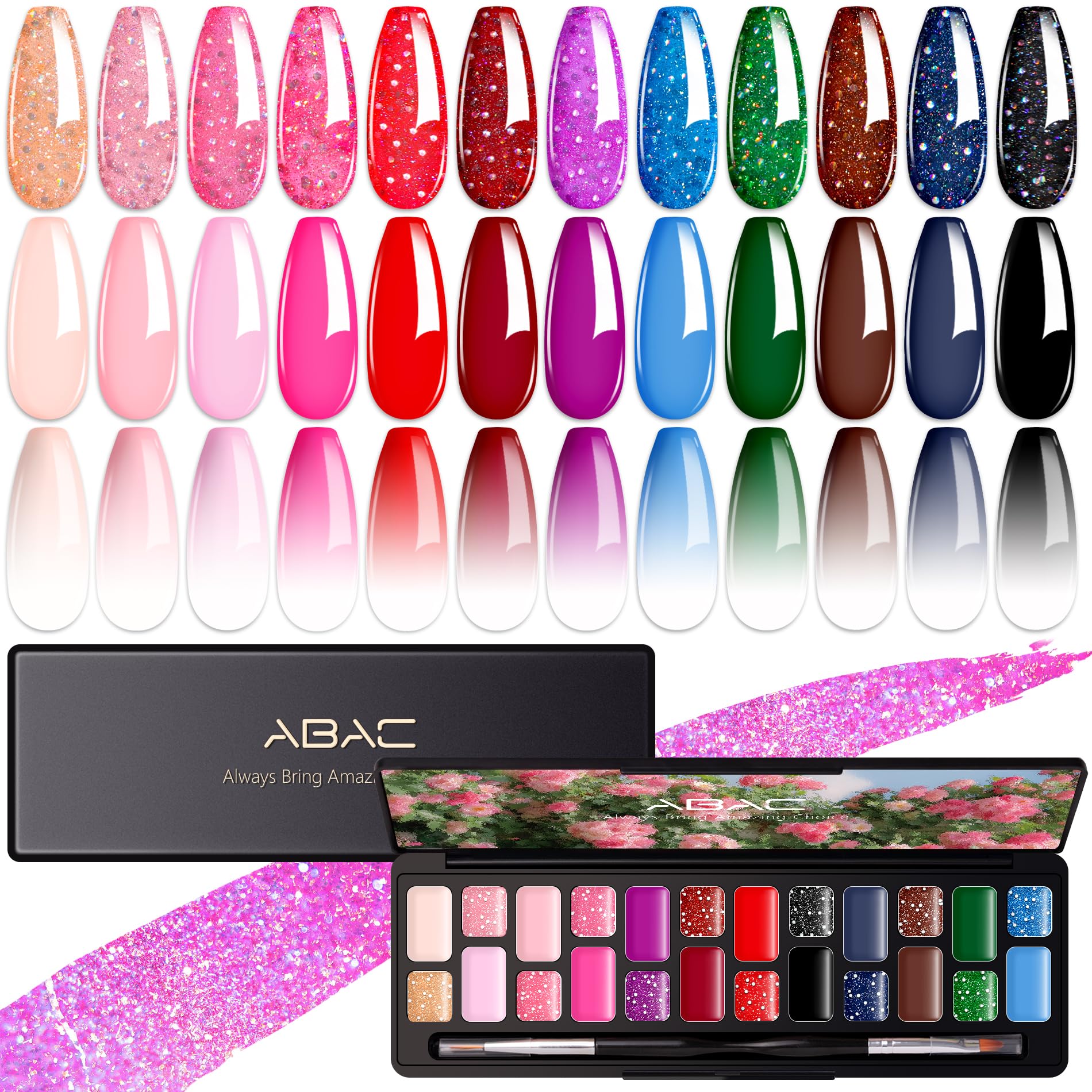 ABAC 24-color gel polish palette with vibrant hues for ombre and stamping