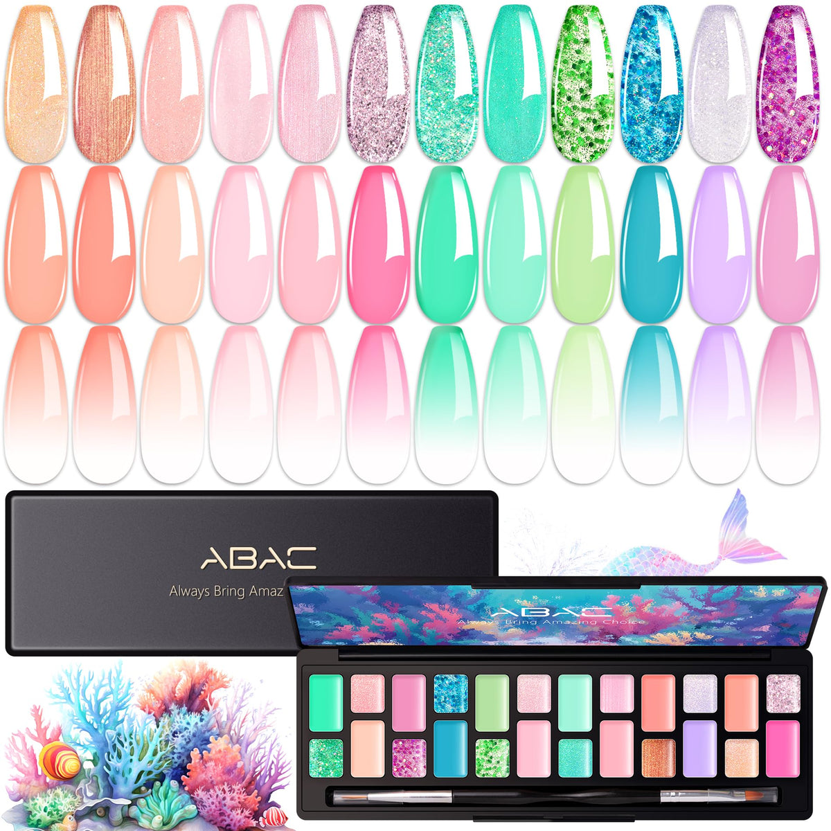 ABAC 24 color HEMA-free glitter palette for bold nail art.