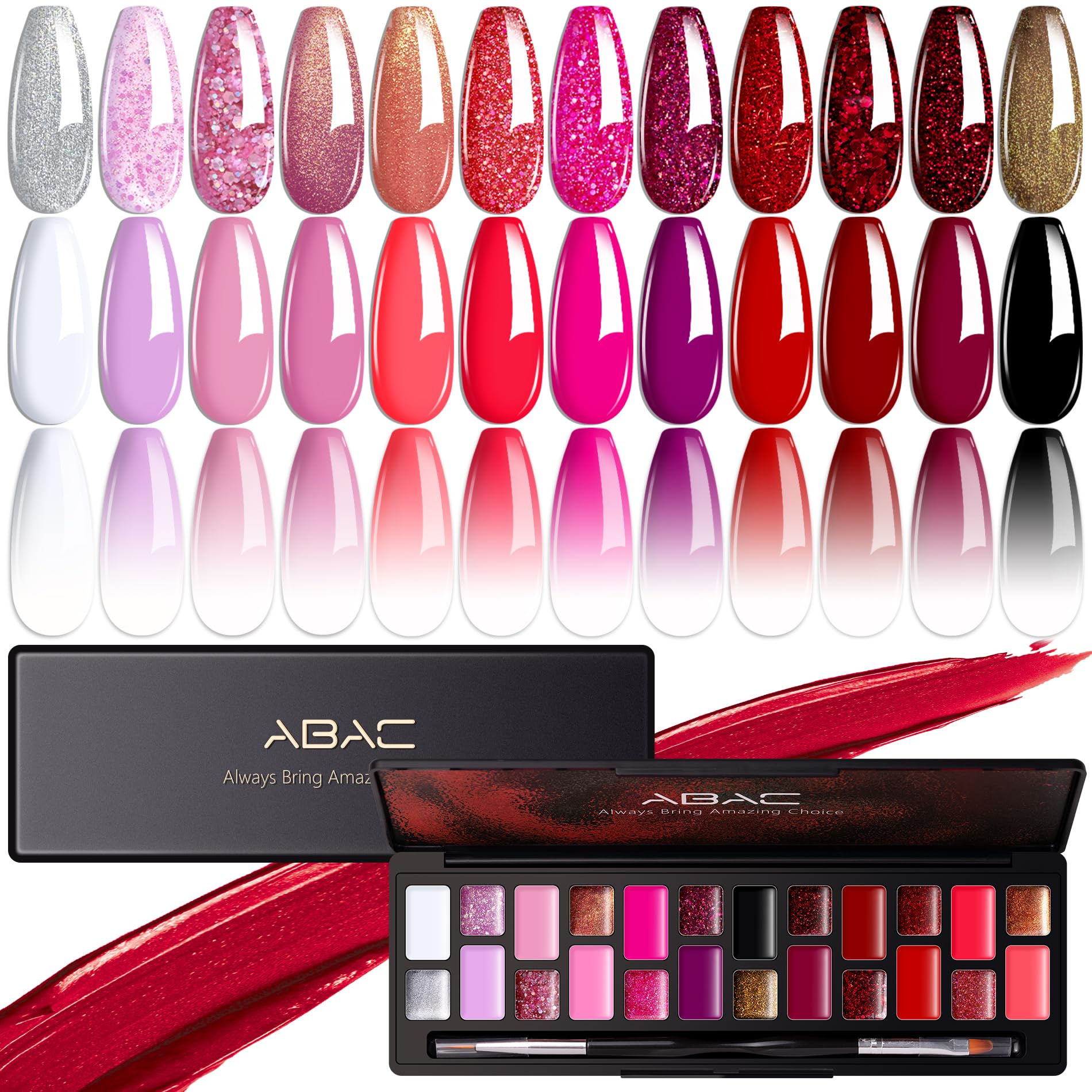 ABAC 24 color solid gel nail polish kit in rose gold glitter for vibrant nails.