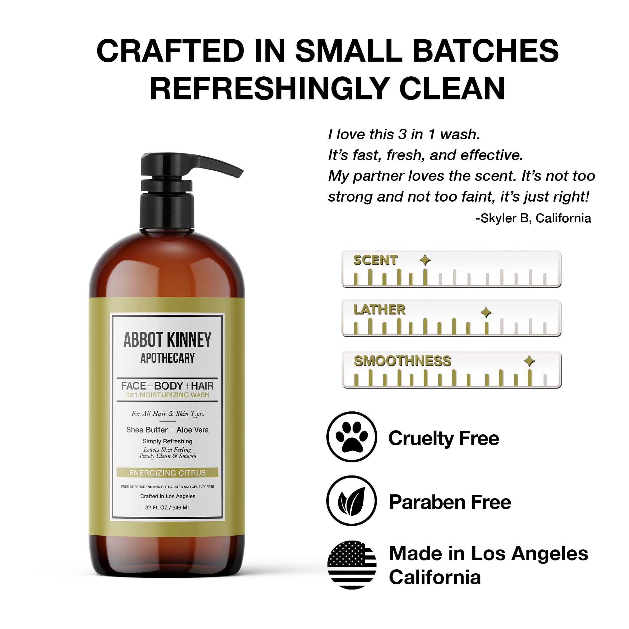 Abbot Kinney Apothecary energizing citrus 3-in-1 wash in a refreshing shower scene.