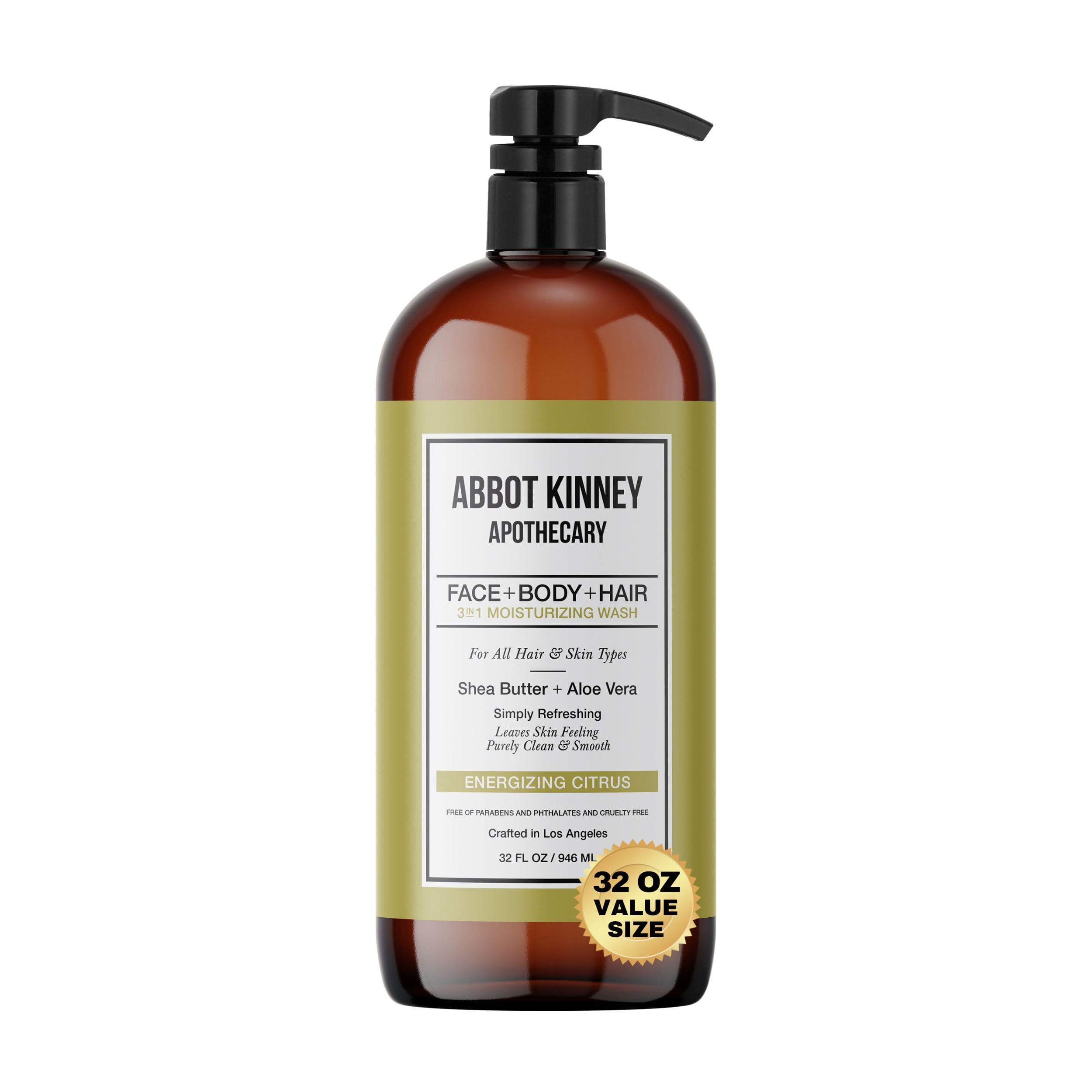 Abbot Kinney Apothecary 3-in-1 wash bottle delivers a hydrating head-to-toe cleanse.