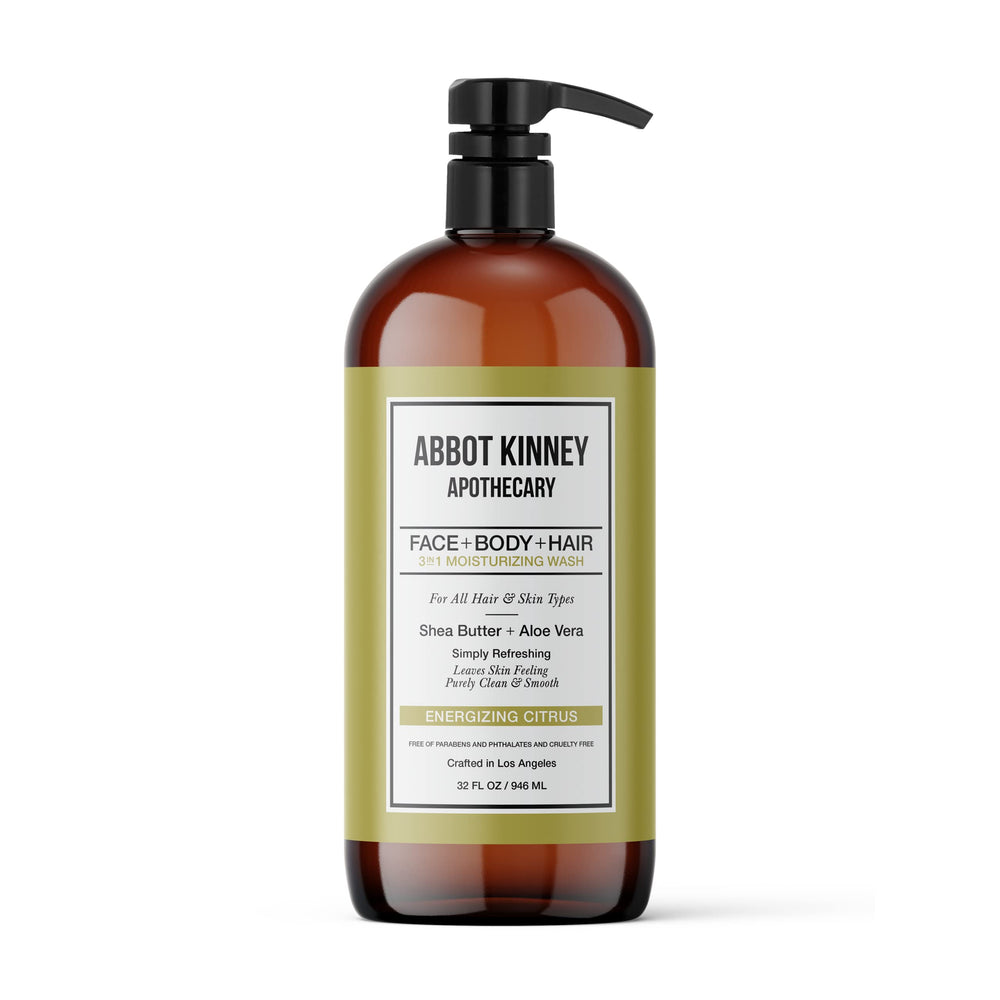 Abbot Kinney Apothecary bathroom setup highlights convenient 32oz bottle in shower.