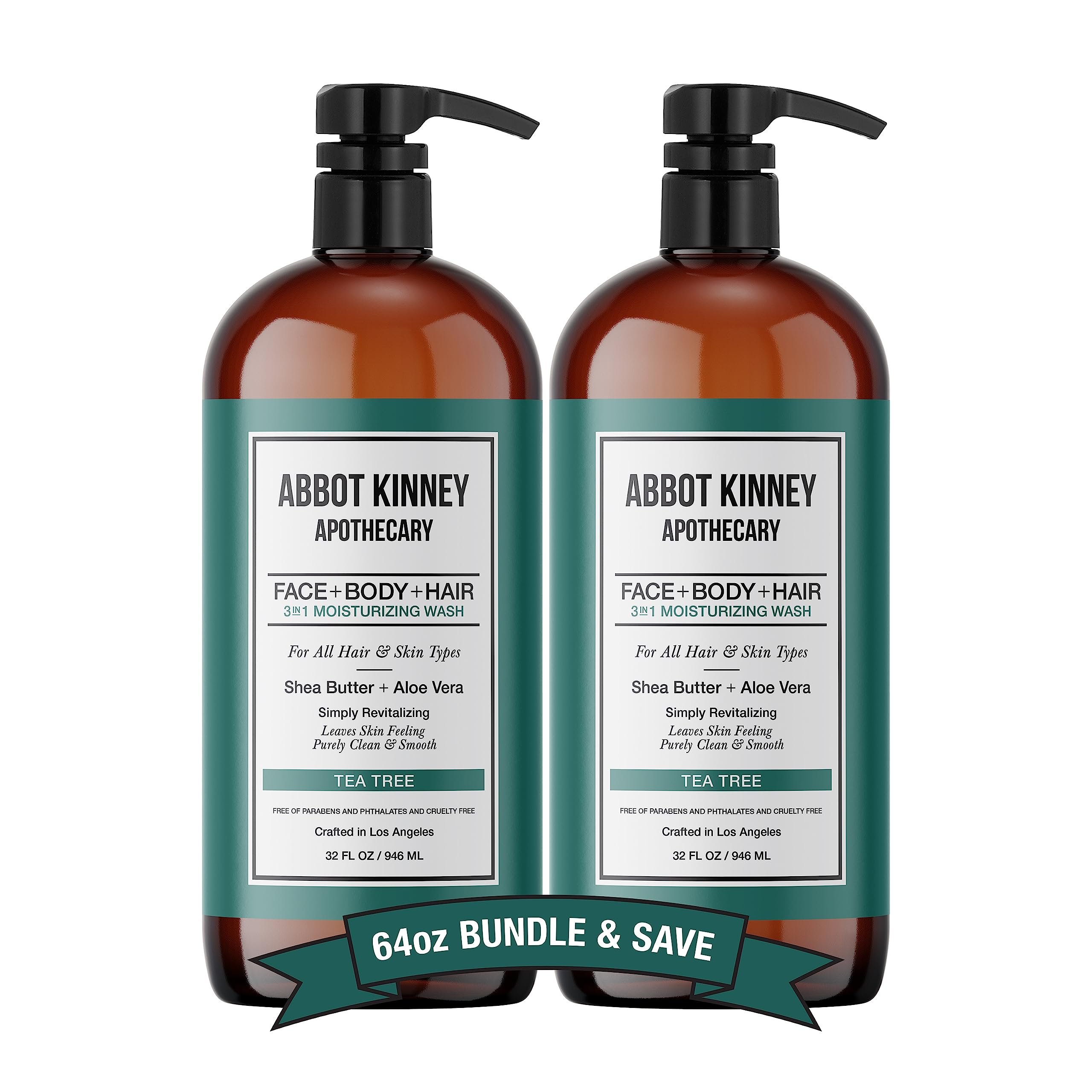 Abbot Kinney Tea Tree 3in1 bottle pump for easy head-to-toe cleansing.