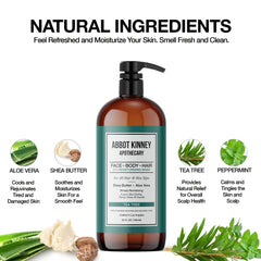 ABBOT KINNEY APOTHECARY tea tree 3-in-1 wash cleanses hair, face, and body softly.