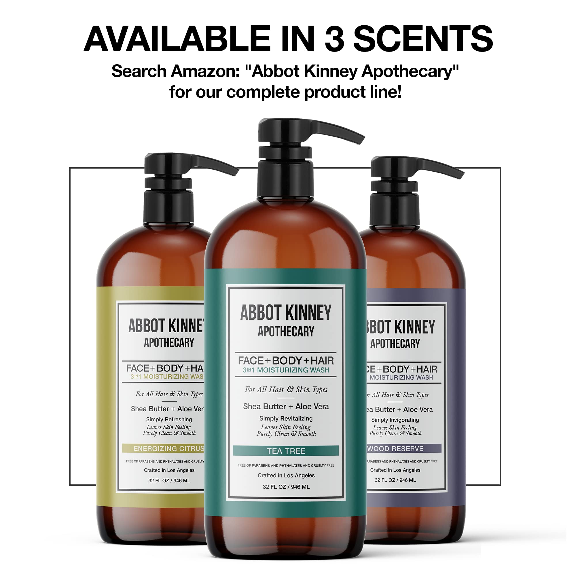 ABBOT KINNEY APOTHECARY tea tree 3-in-1 wash offers head-to-toe clean in one step.