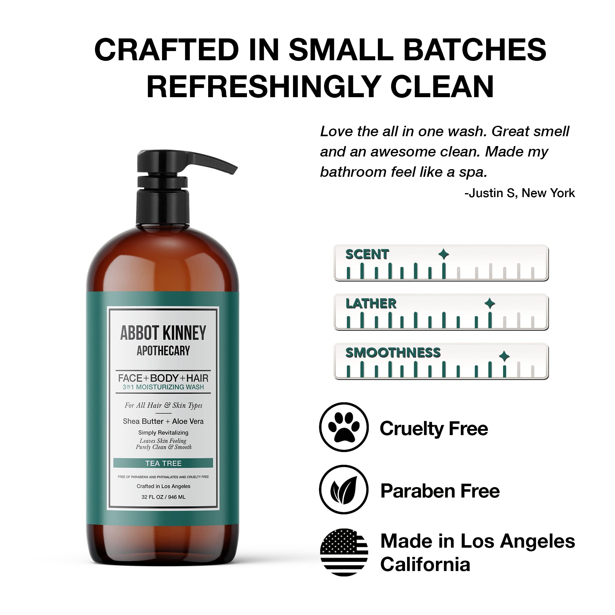 ABBOT KINNEY APOTHECARY tea tree 3-in-1 wash keeps skin soft and hydrated.
