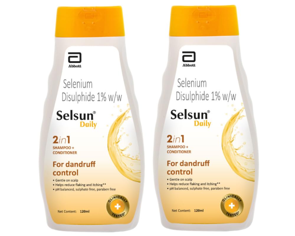 Abbott Selsun Daily shampoo label highlights 1% selenium sulphide.
