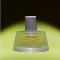 ABEL Green Cedar EDP label detail emphasizes organic, natural formulation.