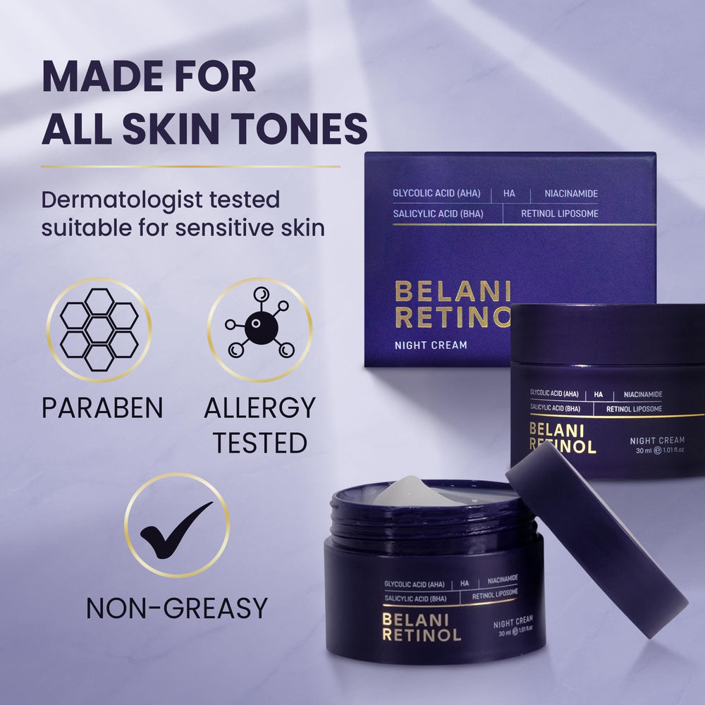 ABERA Belani night cream dispensing pump highlights easy nightly application.