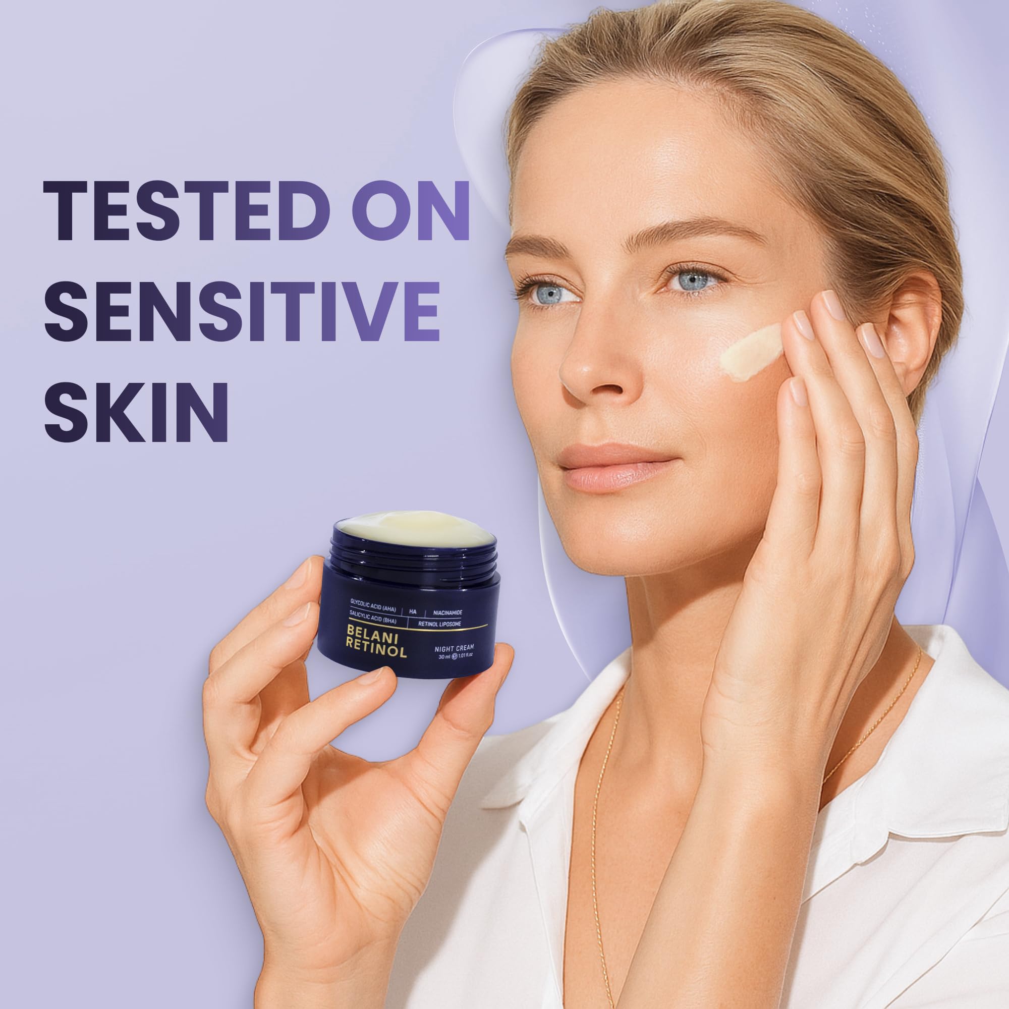ABERA Belani night cream applied to skin ready for overnight hydration.