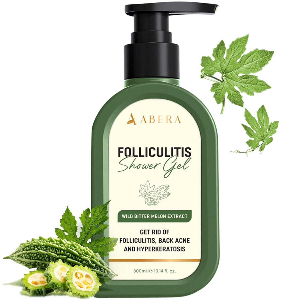 ABERA Folliculitis Body Wash bottle pour delivers a refreshing cleanse for acne-prone skin.