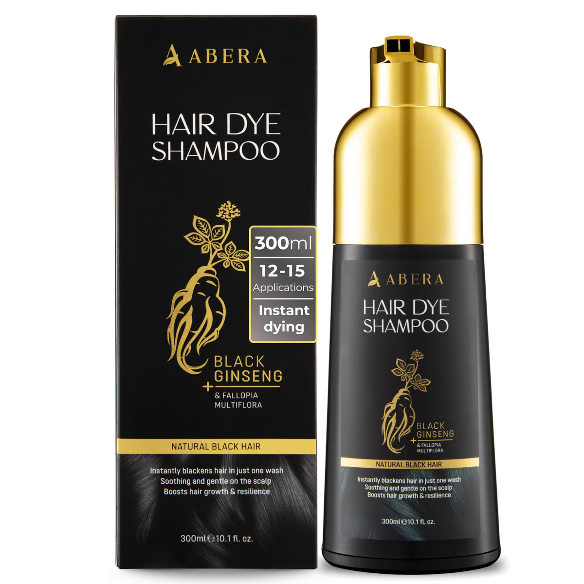 ABERA Hair Dye Shampoo bottle pour for quick black color on grey hair