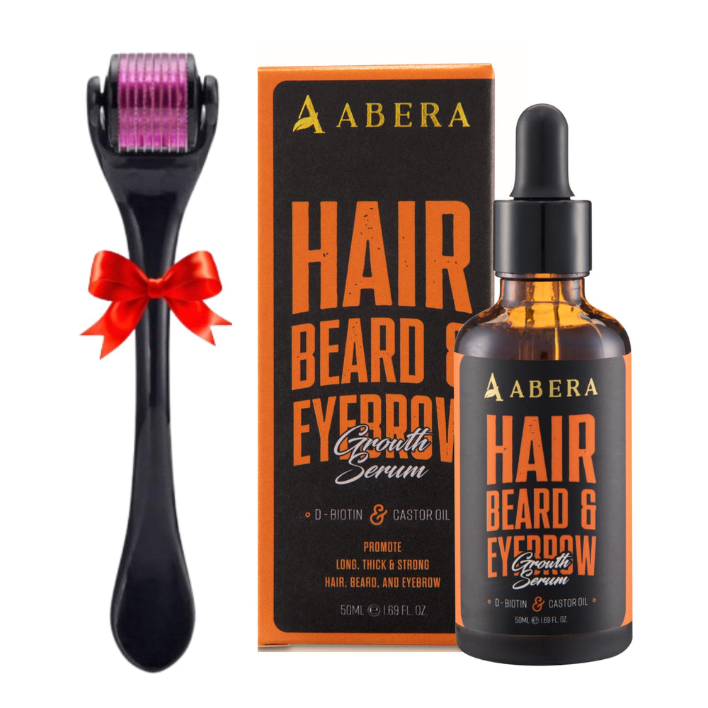 ABERA hair growth serum bottle close-up for scalp nourishment.