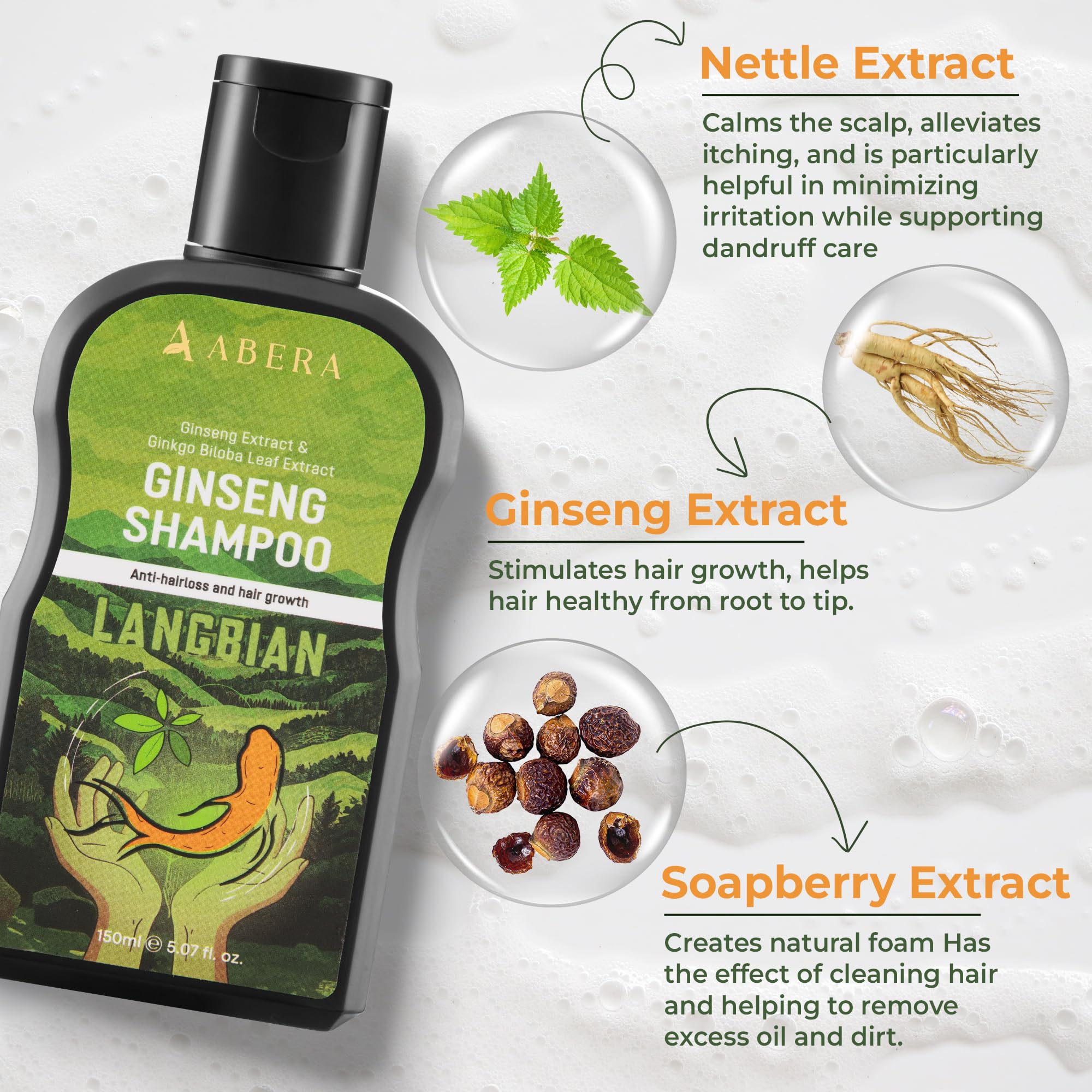 ABERA herbal cleanse shampoo lather showcases gentle cleansing for daily use.