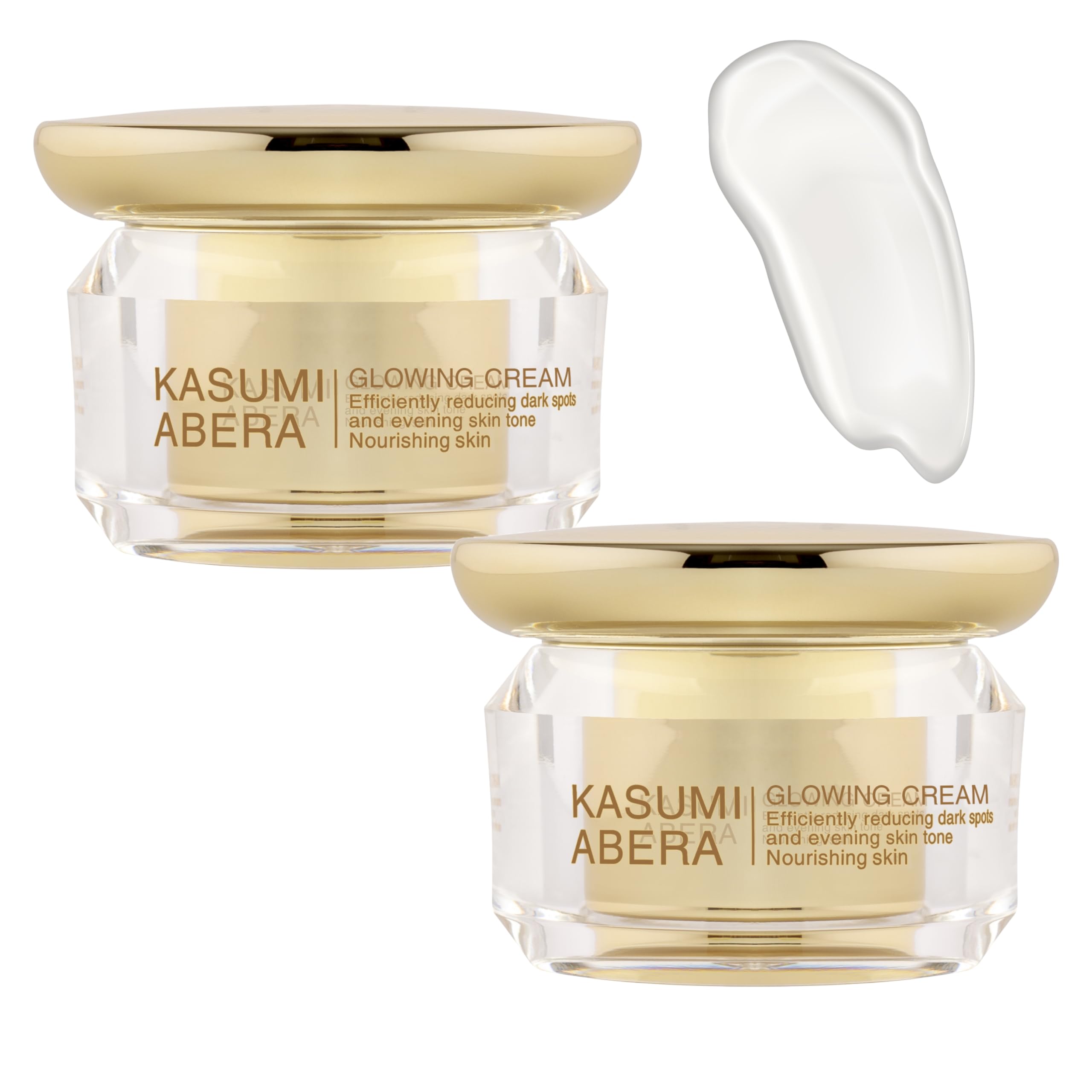 ABERA Kasumi Glowing Cream jar close-up shows creamy texture and radiant glow.