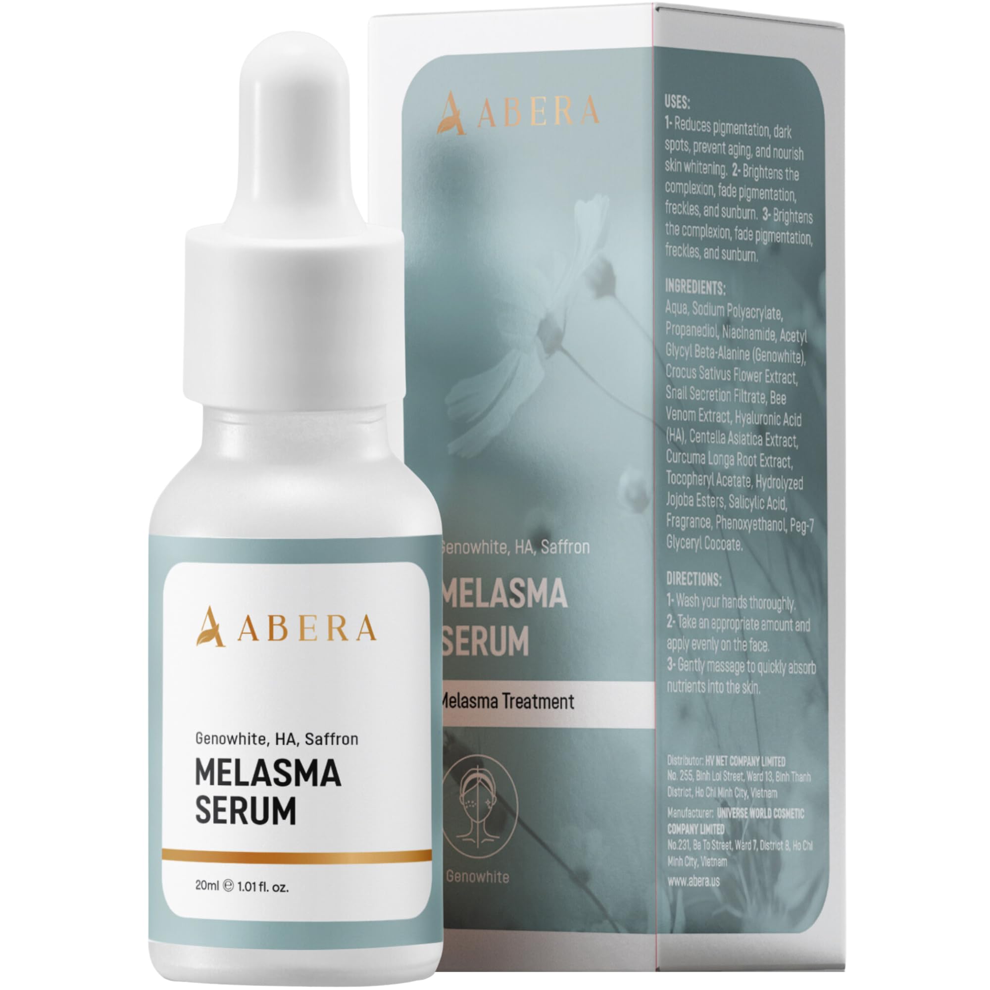 ABERA Melasma Serum bottle pour for smooth dark-spot application.