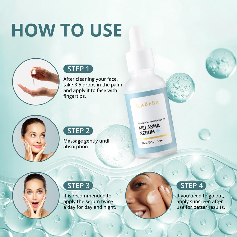 ABERA Melasma Serum Plus before-after imagery hints at clearer tone with consistent use.