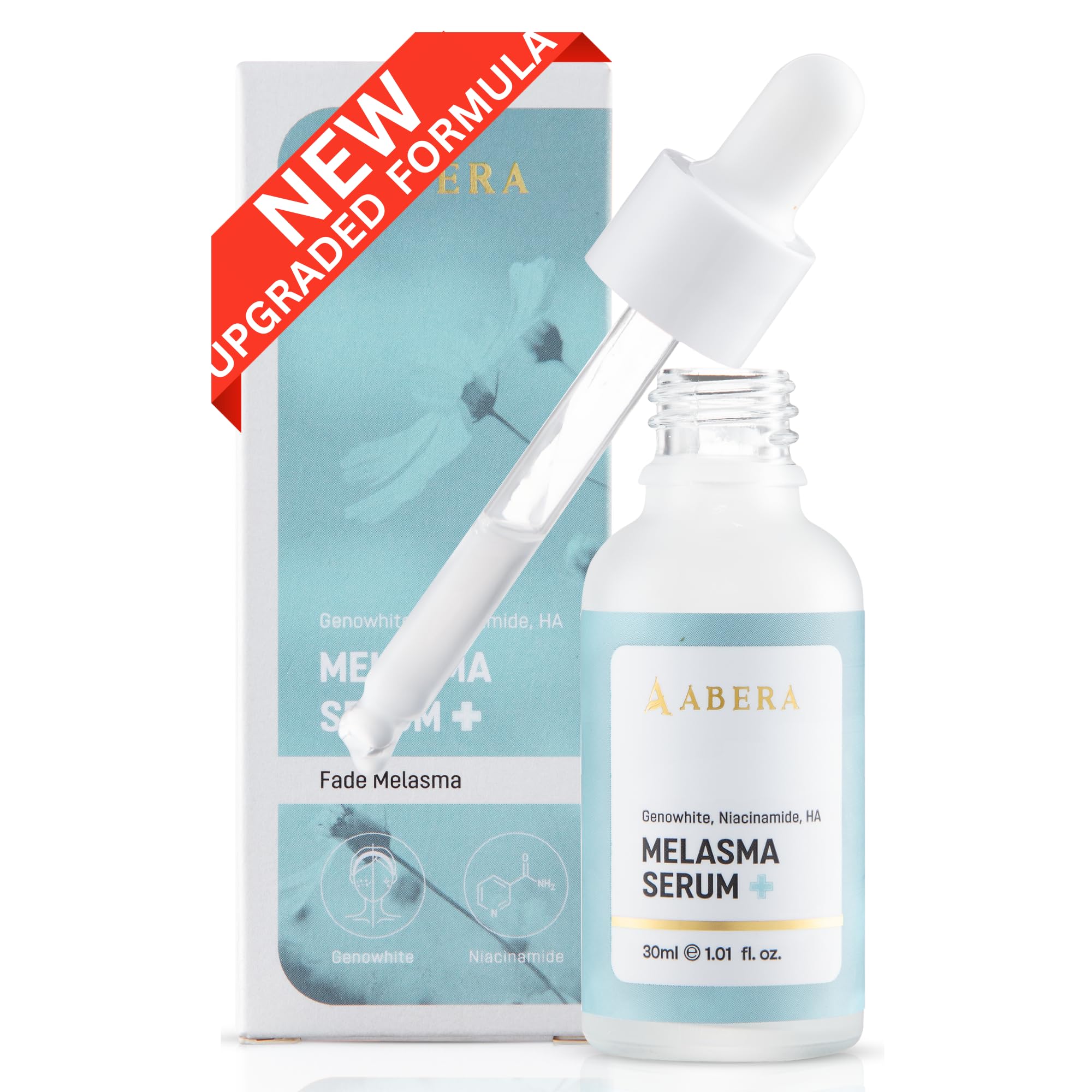 ABERA Melasma Serum Plus bottle closeup for daily facial treatment and even skin tone.