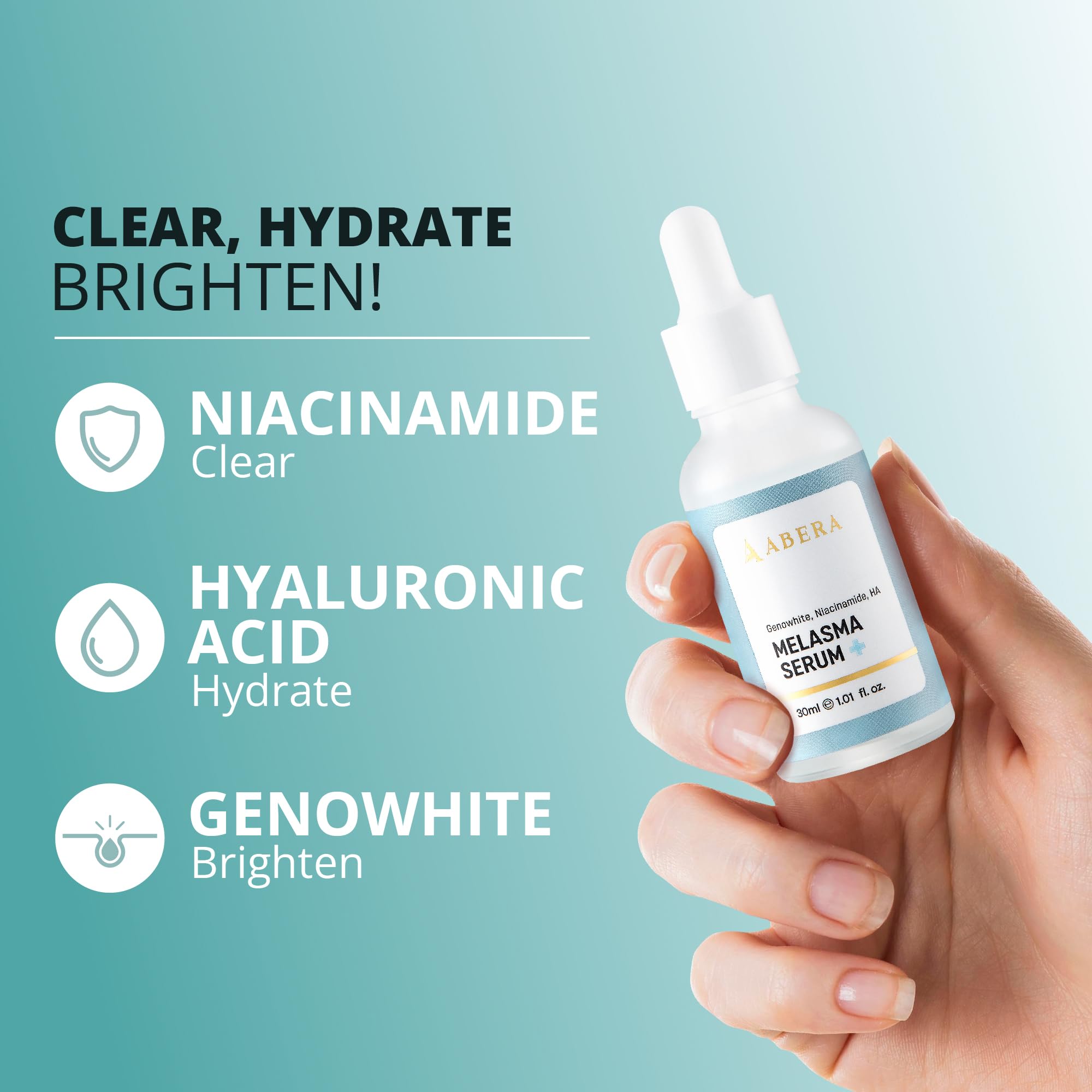 ABERA Melasma Serum Plus application on the face demonstrates morning and night routine.