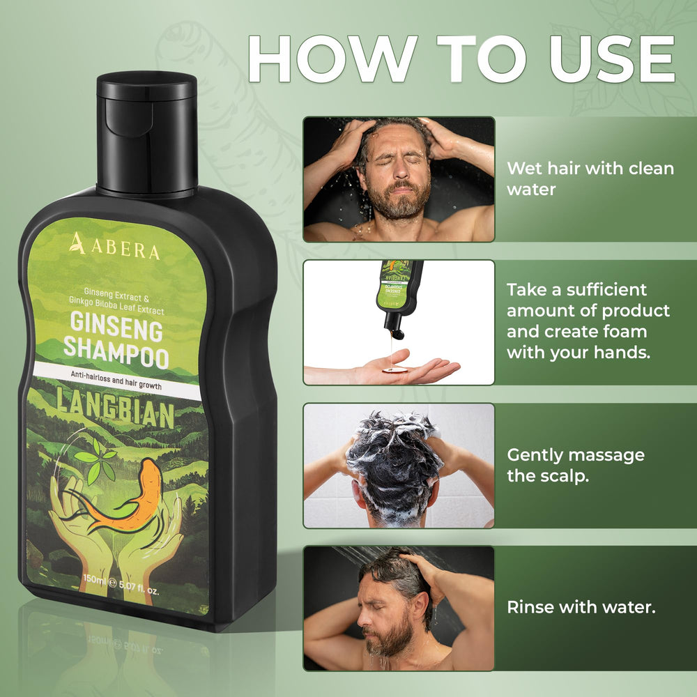 ABERA natural herbal ingredients shampoo image emphasizes botanical blend on scalp.