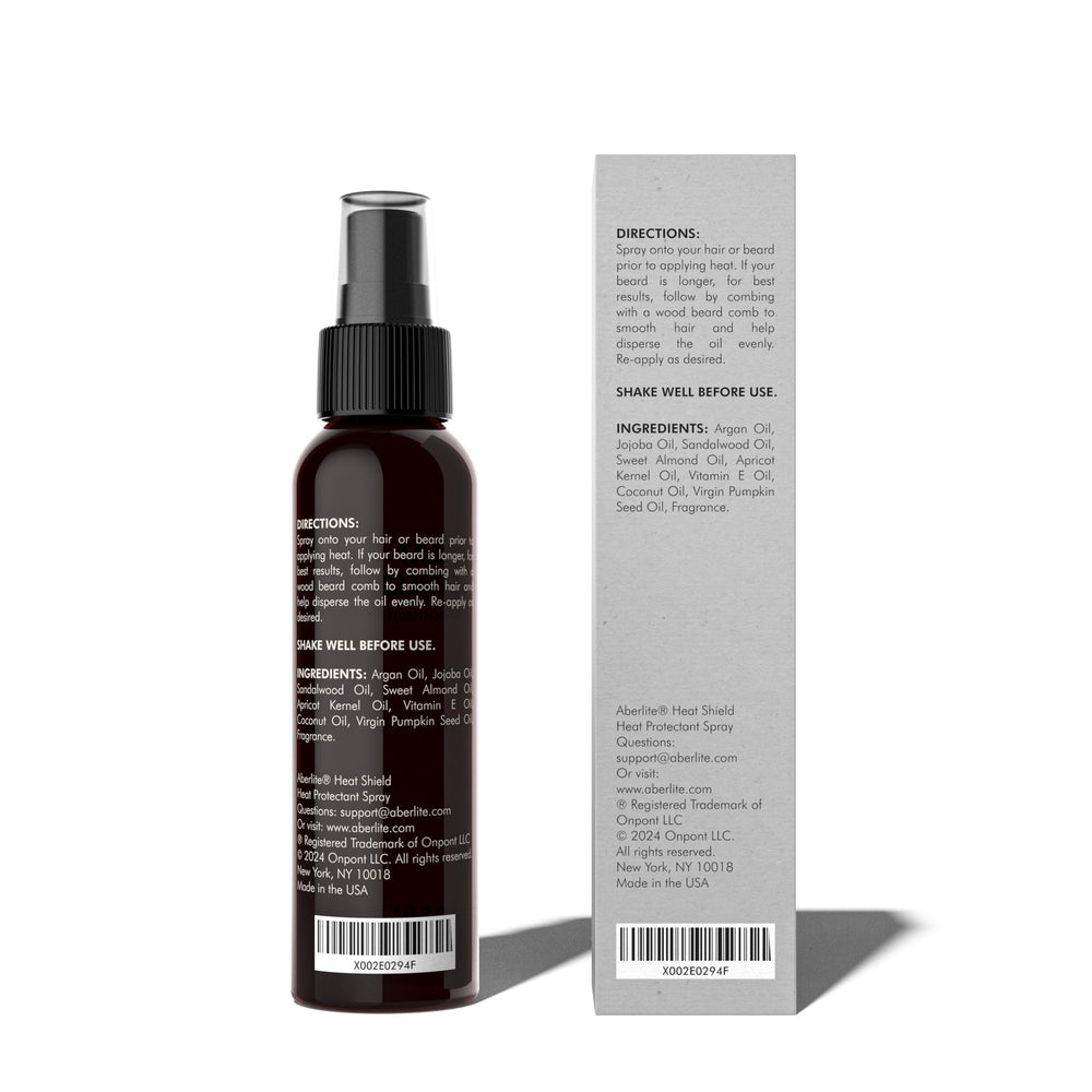 Aberlite Heat Shield ingredients label highlights natural argan oil formula for hair protection.