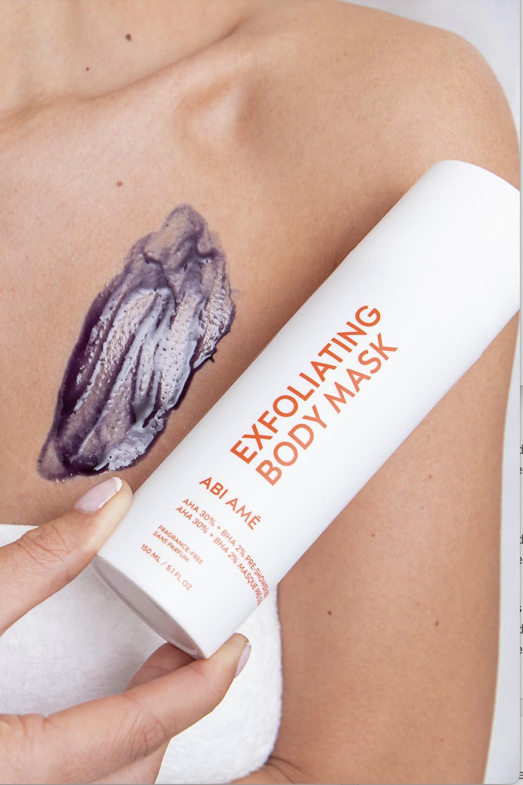 Abi Ame Chemical Body Exfoliant bottle close-up showing 30% AHA and 2% BHA