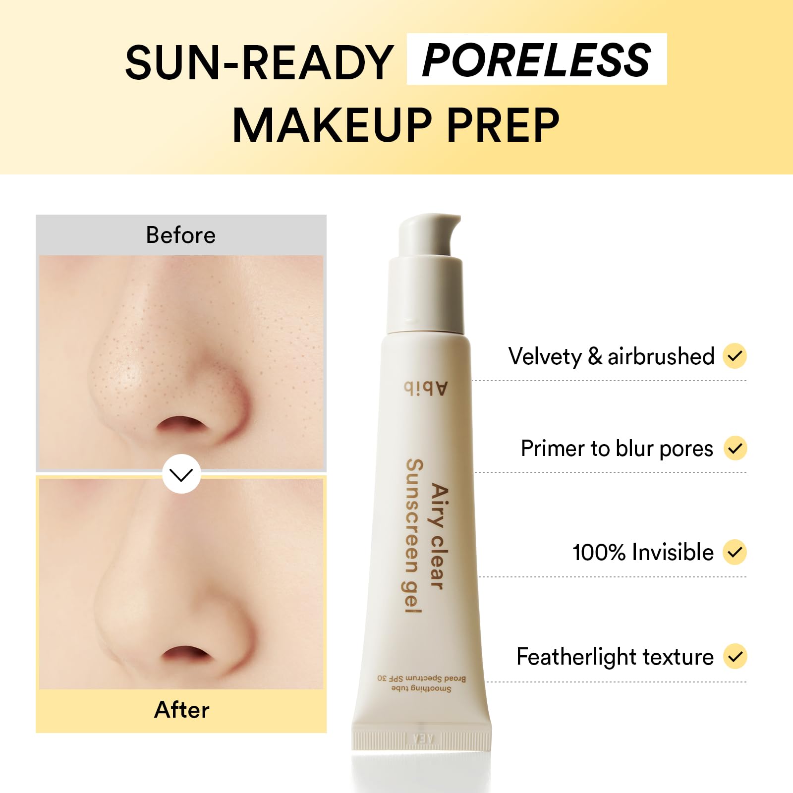 Abib Airy Clear Sunscreen Gel applied under makeup for a smooth base.