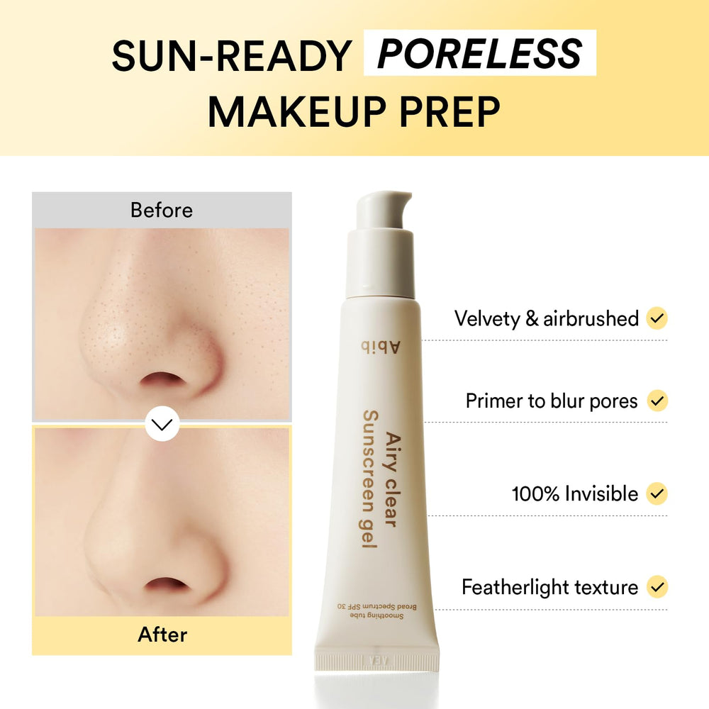 Abib Airy Clear Sunscreen Gel applied under makeup for a smooth base.