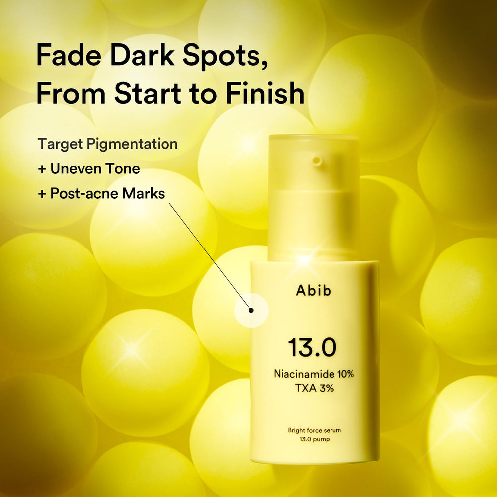 Close-up of Abib Bright Force Serum ingredients: niacinamide and tranexamic acid.