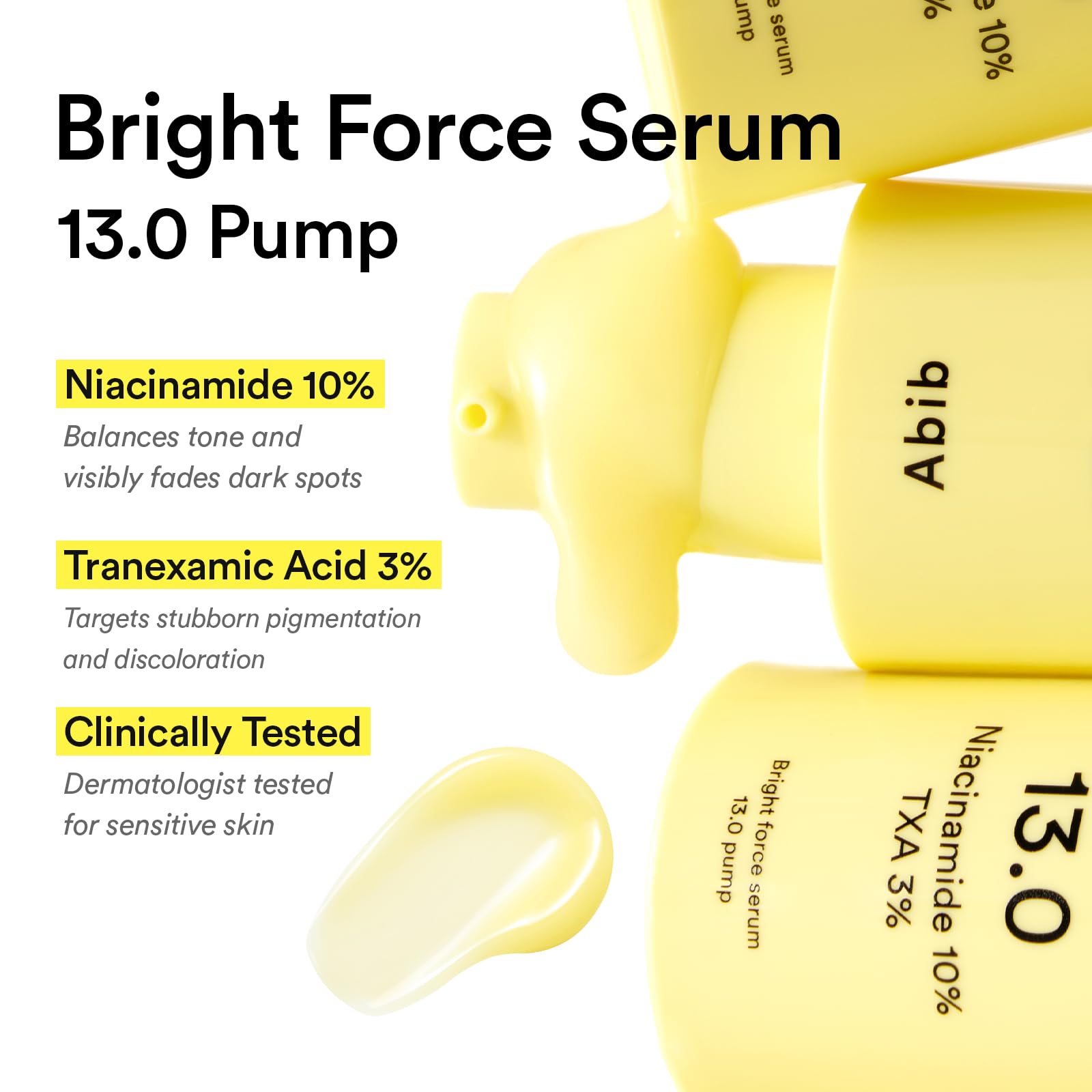 Lightweight serum texture shown on skin for quick absorption.