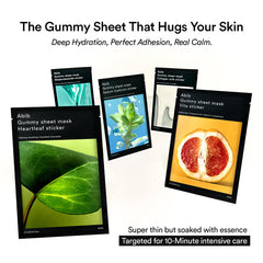 Abib Gummy Sheet Mask Heartleaf Sticker texture close-up highlights jelly essence for hydration.