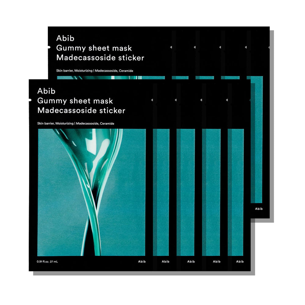 Abib Gummy Sheet Mask Madecassoside packaging close-up for daily soothing care.