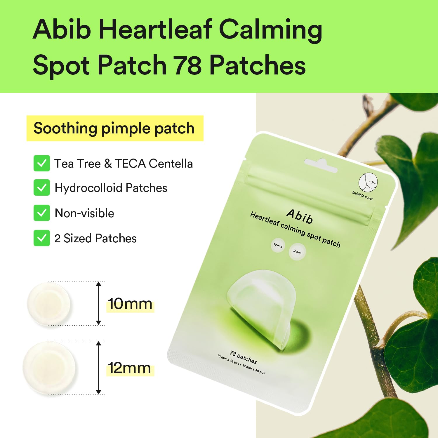 Abib Heartleaf Calming Spot Patch 10mm applied on skin, blends invisibly under makeup.