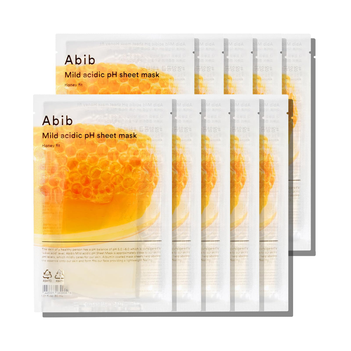 Abib Honey Fit sheet mask pack close-up shows a pH-friendly, soothing formula.