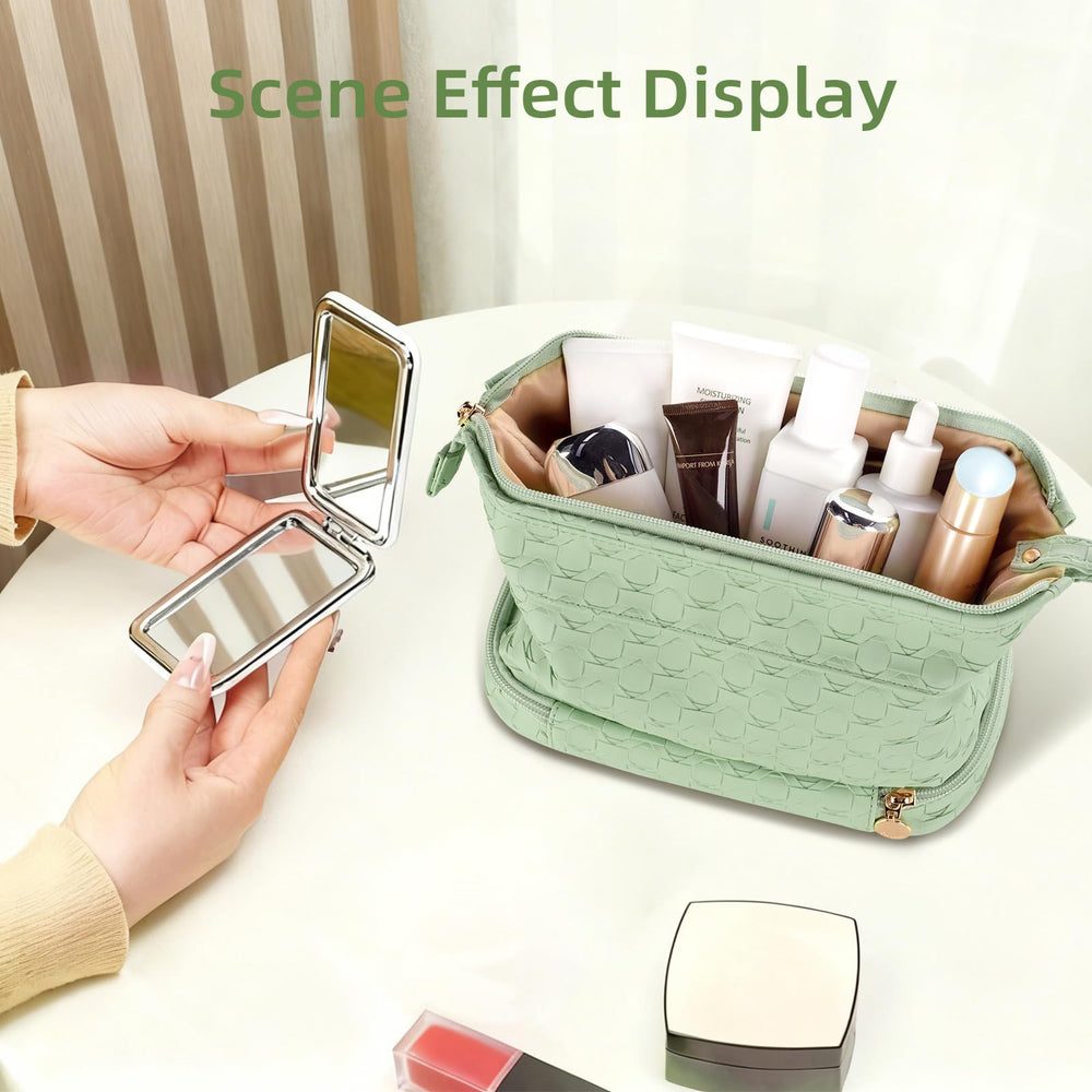 Abiudeng green travel bag with multiple compartments to separate skincare and cosmetics