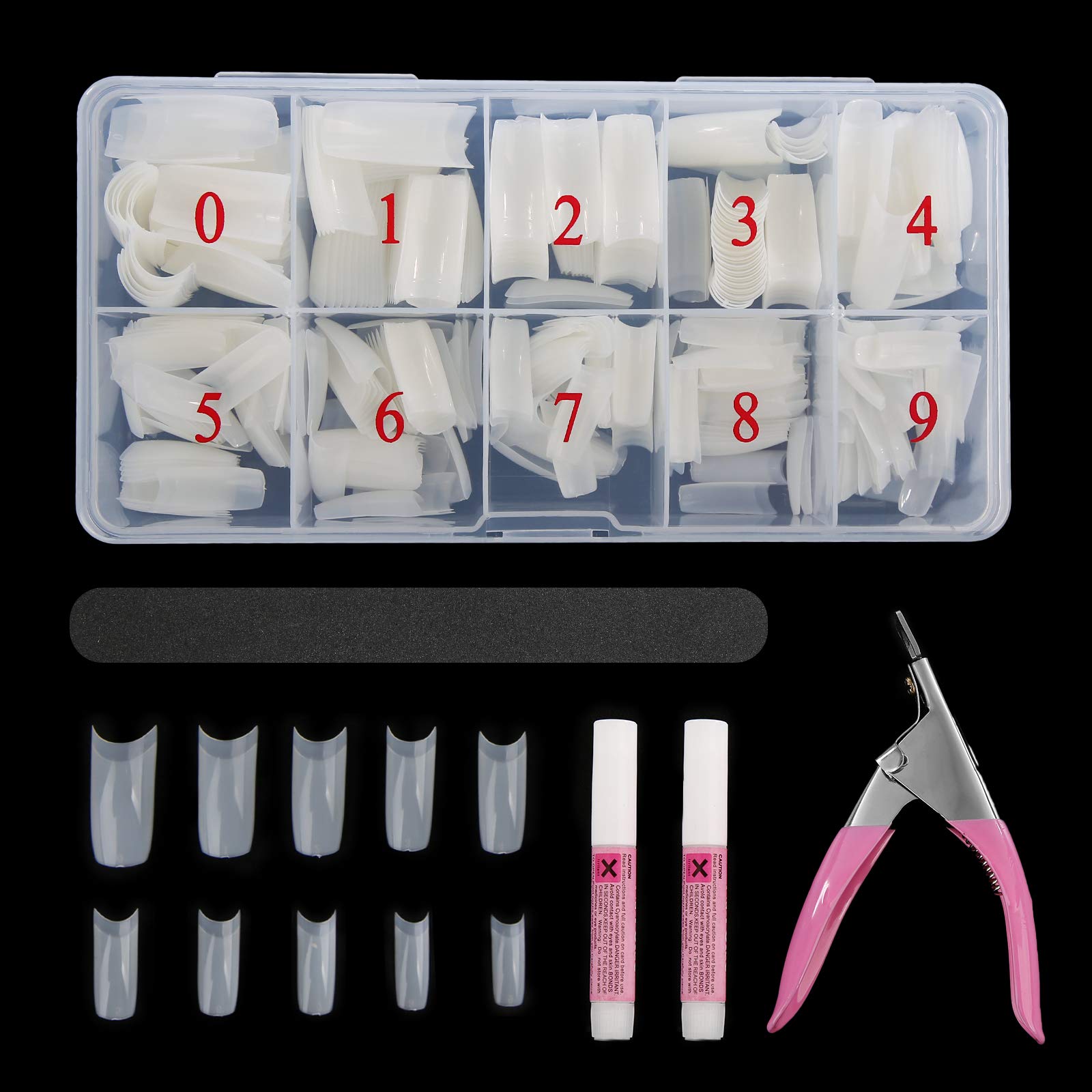 Abodhu nail tips box front shows organized 500-piece kit for precise sizing