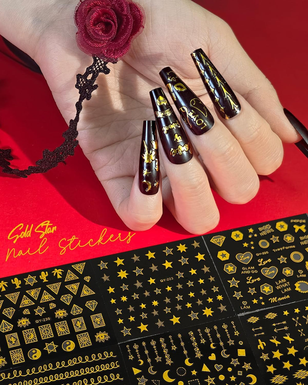 ABOLINE 3D effect nail stickers with smooth top coat finish.