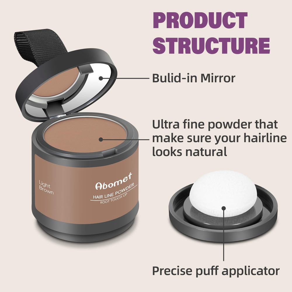 Abomet Hairline Powder jar closeup highlights rich shade options for natural-looking results.