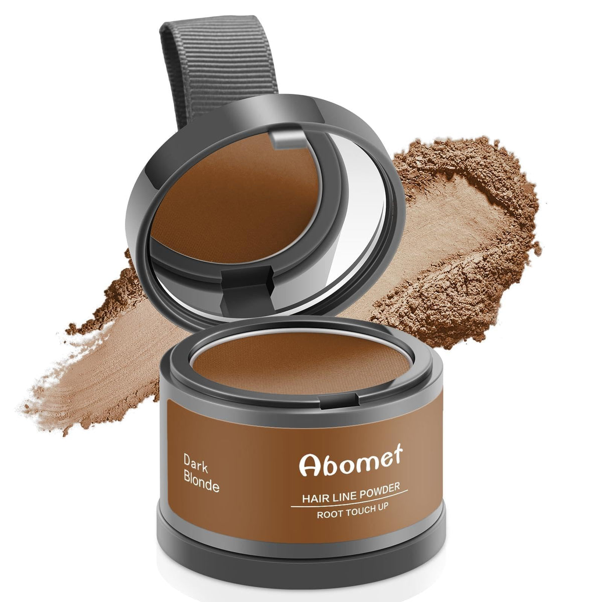 Abomet root touch-up powder compact with mirror for quick color touch-ups anywhere.