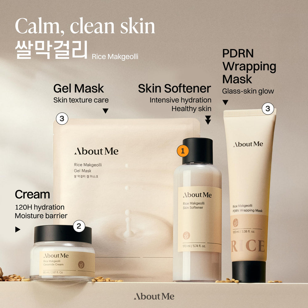 About Me Rice Makgeolli Toner application on the face demonstrating gentle hydration