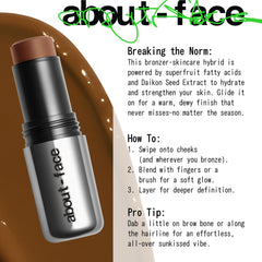 About-Face Beach Freak bronzer stick delivers a dewy finish without shimmer.
