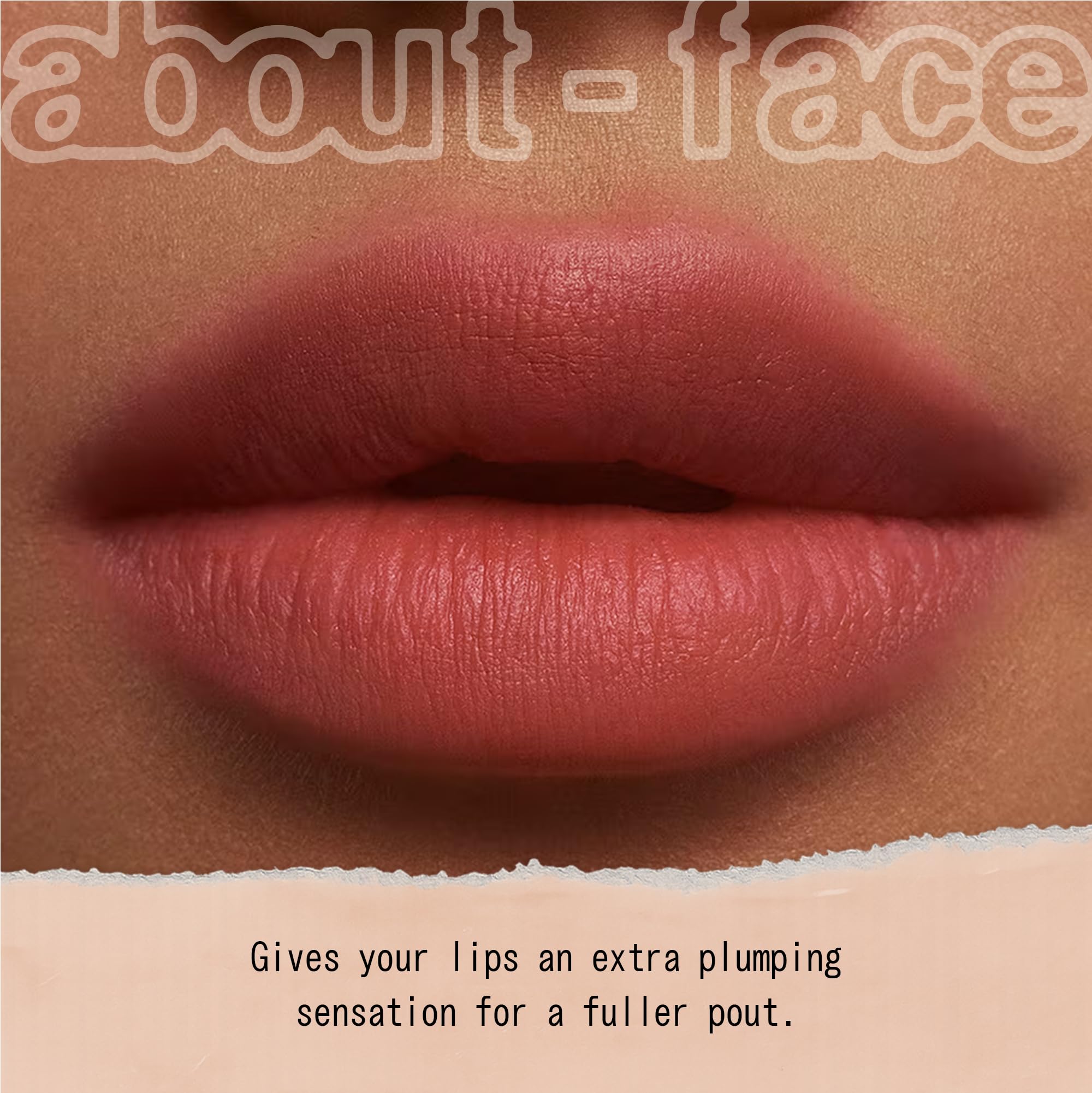 About-Face Blur Matte Lip Plump Rosy Peach swatch highlights bold color payoff.