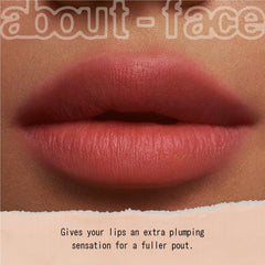 About-Face Blur Matte Lip Plump Rosy Peach swatch highlights bold color payoff.