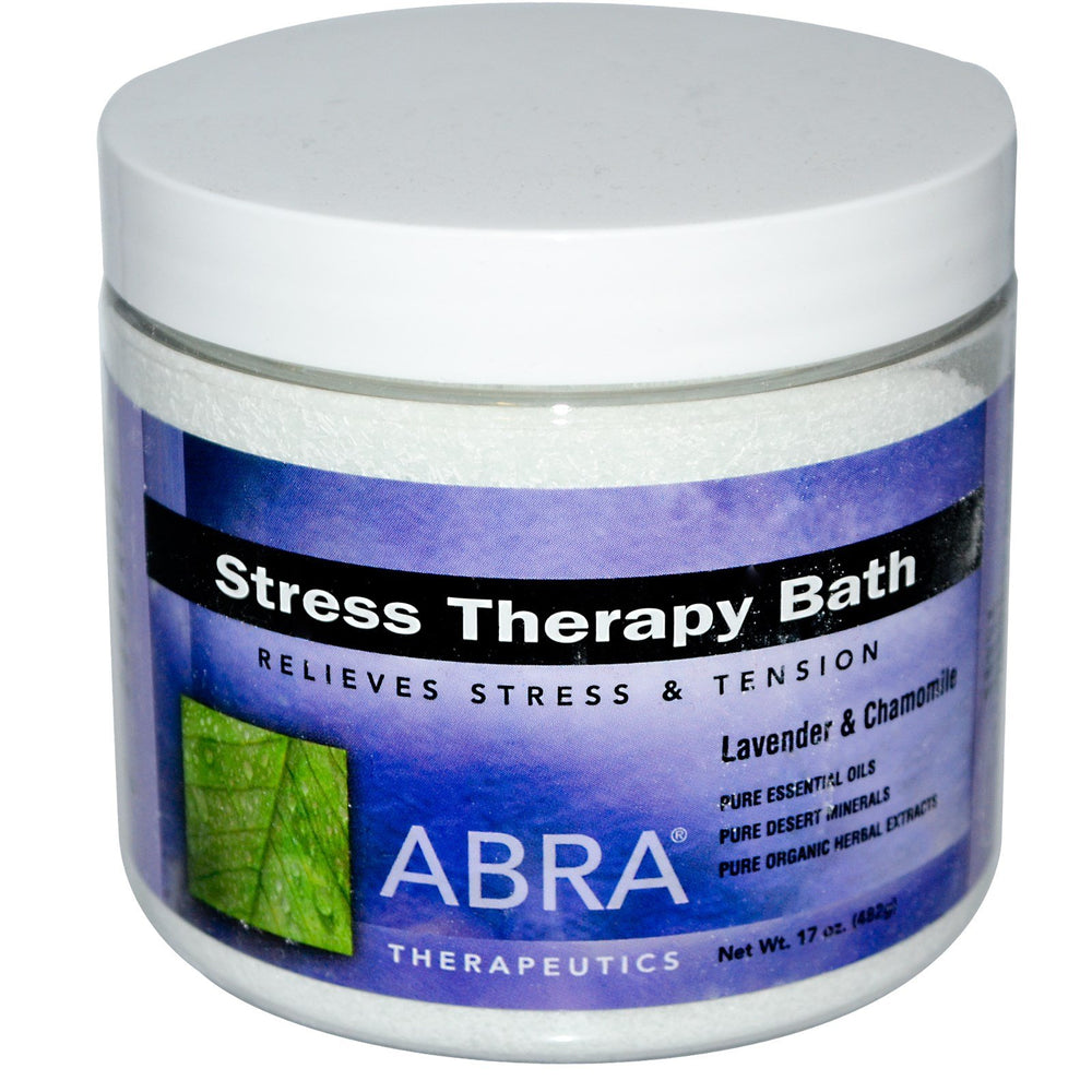 Abra Stress Therapy Sea Salt Bath bottle with lavender and chamomile for relaxation.